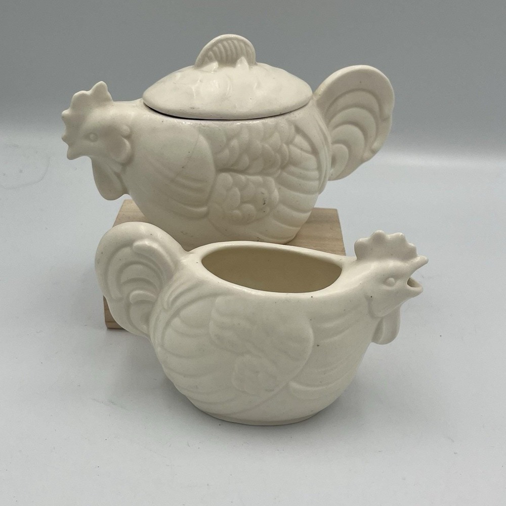 Vintage Czechoslovakia Ceramic Rooster Creamer Sugar Set Cottage Country Core